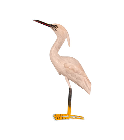 Wood Snowy Egret Heron Figurine – Hand Carved Coastal Bird Sculpture, Elegant Shore Decor