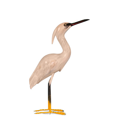 Wood Snowy Egret Heron Figurine – Hand Carved Coastal Bird Sculpture, Elegant Shore Decor