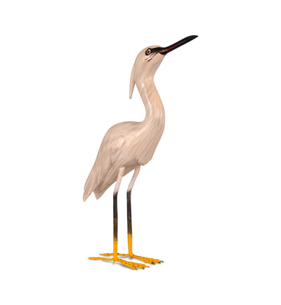 Hand carved wood snowy egret heron figurine with yellow feet.