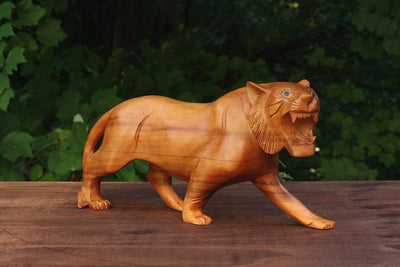 Wooden Hand Carved Tiger Statue Figurine Sculpture Art Decorative Home Decor Accent Rustic Lodge Handmade Handcrafted Decoration