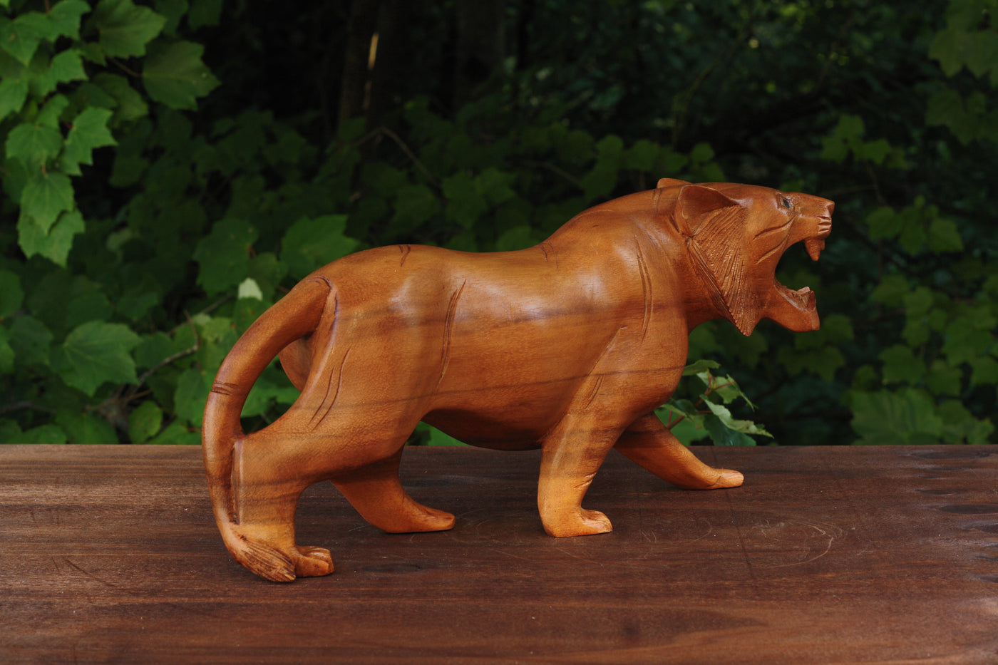 Wooden Hand Carved Tiger Statue Figurine Sculpture Art Decorative Home Decor Accent Rustic Lodge Handmade Handcrafted Decoration