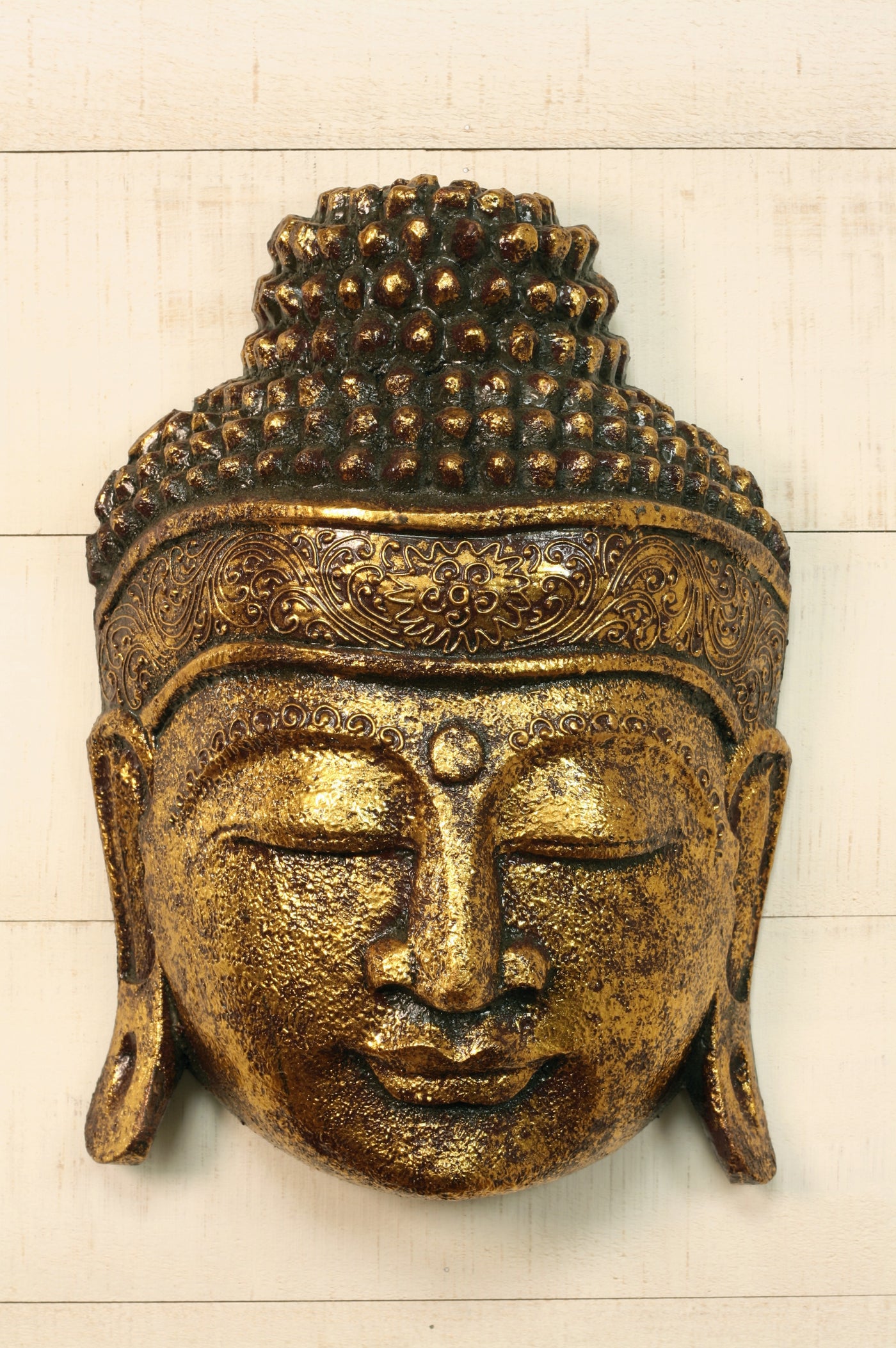 12" Wooden Wall Mask Serene Gold Buddha Head Statue Hand Carved Sculpture Handmade Figurine Gift Home Decor Accent Handcrafted Wall Hanging Decoration