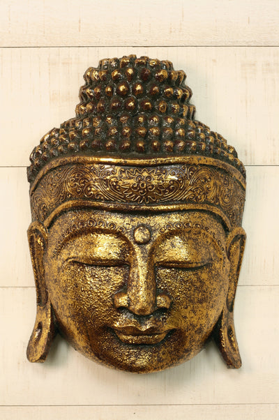 12" Wooden Wall Mask Serene Gold Buddha Head Statue Hand Carved Sculpture Handmade Figurine Gift Home Decor Accent Handcrafted Wall Hanging Decoration