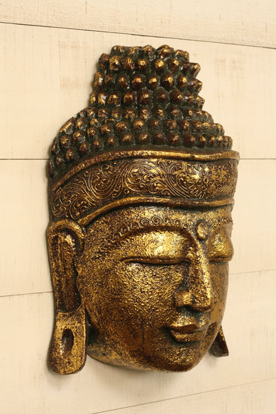 12" Wooden Wall Mask Serene Gold Buddha Head Statue Hand Carved Sculpture Handmade Figurine Gift Home Decor Accent Handcrafted Wall Hanging Decoration