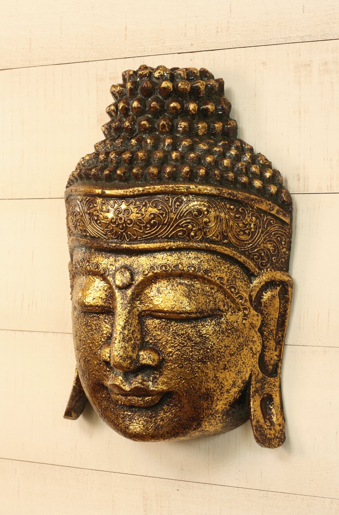 12" Wooden Wall Mask Serene Gold Buddha Head Statue Hand Carved Sculpture Handmade Figurine Gift Home Decor Accent Handcrafted Wall Hanging Decoration