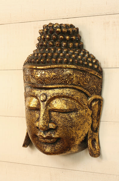 12" Wooden Wall Mask Serene Gold Buddha Head Statue Hand Carved Sculpture Handmade Figurine Gift Home Decor Accent Handcrafted Wall Hanging Decoration