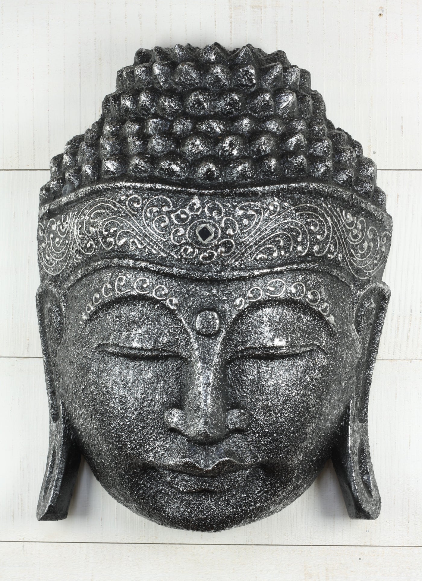 12" Wooden Wall Mask Serene Silver Buddha Head Statue Hand Carved Sculpture Handmade Figurine Gift Home Decor Accent Handcrafted Wall Hanging Decoration