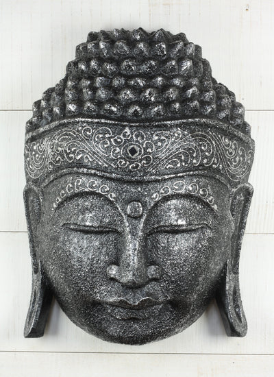 12" Wooden Wall Mask Serene Silver Buddha Head Statue Hand Carved Sculpture Handmade Figurine Gift Home Decor Accent Handcrafted Wall Hanging Decoration