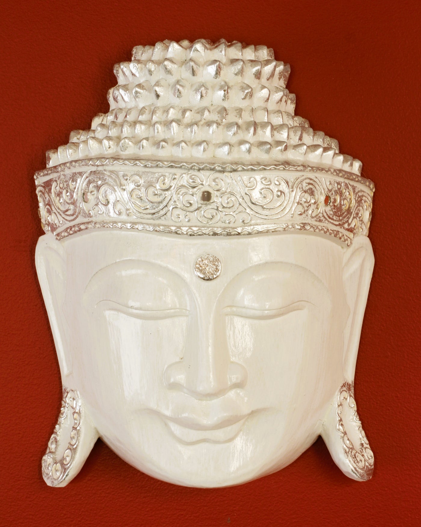 12" Wooden Wall Mask Serene White Buddha Head Statue Hand Carved Sculpture Handmade Figurine Gift Home Decor Accent Handcrafted Wall Hanging Decoration