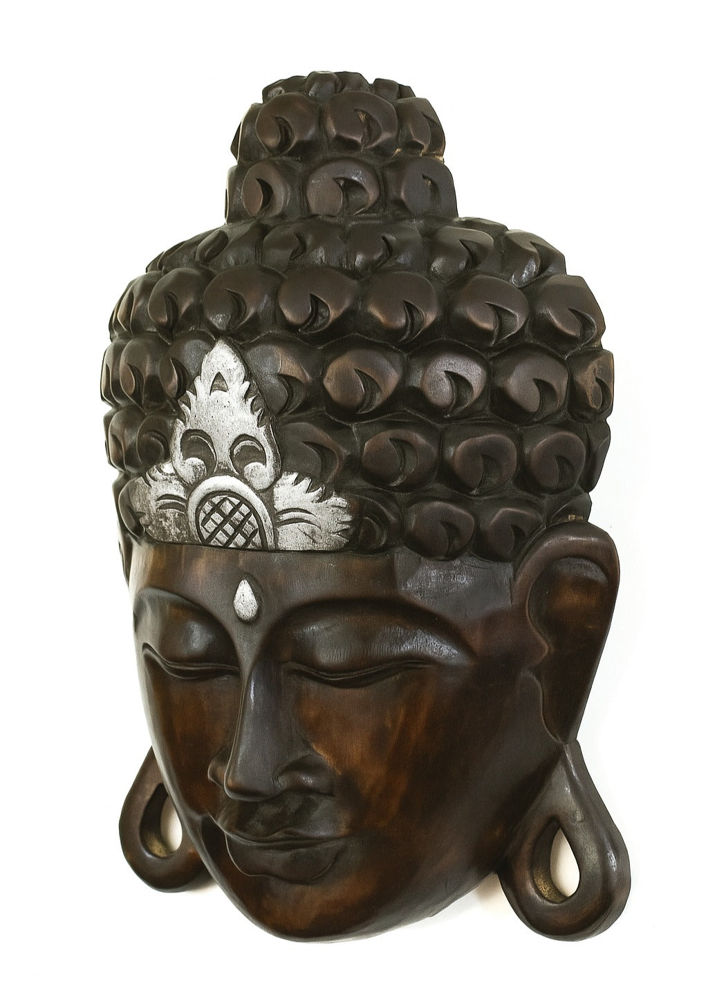 Buddha wall mask hanging décor in living room, spiritual wooden sculpture, black with silver crown.
