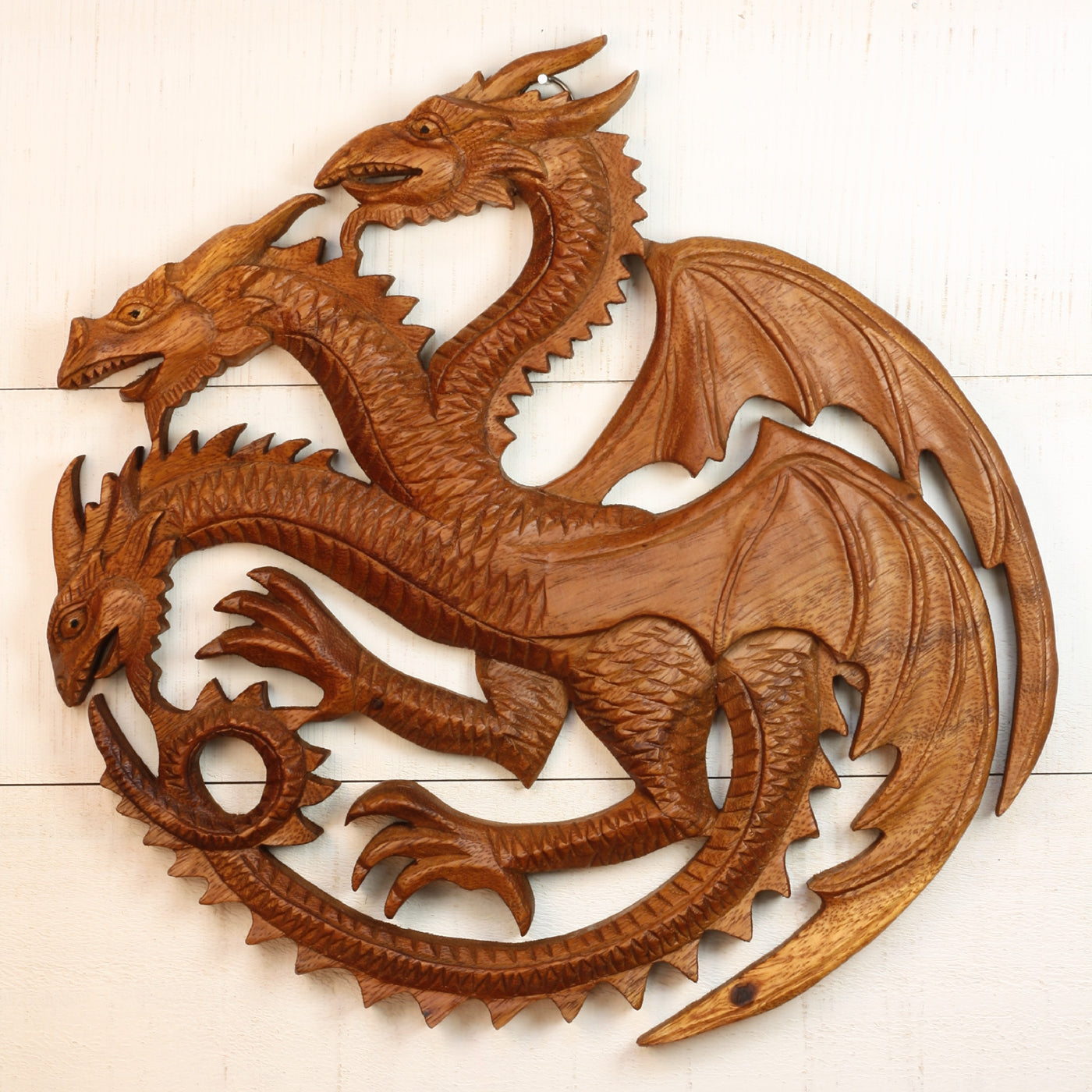 12" Three Headed Dragon Wooden Wall Art – Hand Carved Fantasy Sculpture, Rustic Mythical Home Decor