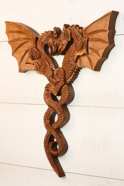 12" Dragon Couple Wooden Wall Art – Hand Carved Twin Dragon Sculpture, Rustic Fantasy Home Decor