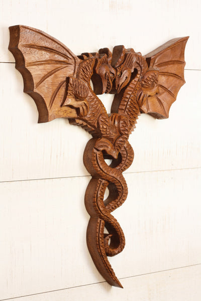 12" Dragon Couple Wooden Wall Art – Hand Carved Twin Dragon Sculpture, Rustic Fantasy Home Decor