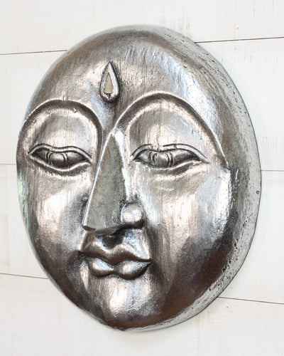 Silver Wooden Moon Face Wall Art – Hand Carved Moon Mask, Celestial Boho Wall Hanging Decor