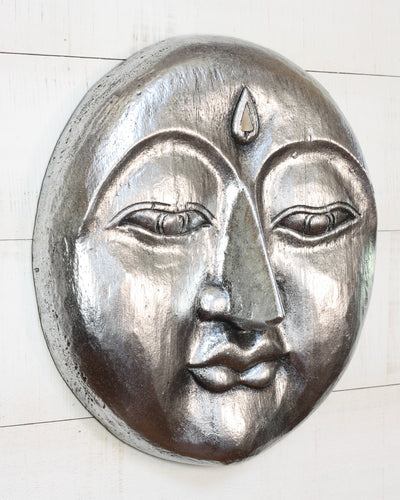 Silver Wooden Moon Face Wall Art – Hand Carved Moon Mask, Celestial Boho Wall Hanging Decor