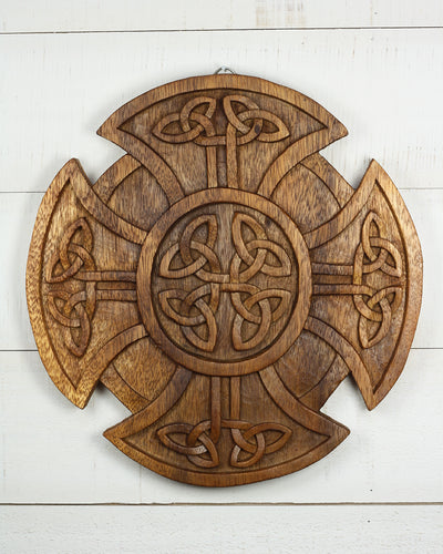 Hand Carved Wooden Celtic Knot Cross Wall Panel – Intricate Irish Decor, Rustic Wall Art