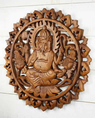 Hand Carved Wooden Ganesha Wall Panel – Hindu Elephant God Art, Lotus Floral Mandala