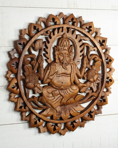 Hand Carved Wooden Ganesha Wall Panel – Hindu Elephant God Art, Lotus Floral Mandala