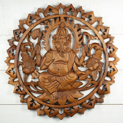 Hand Carved Wooden Ganesha Wall Panel – Hindu Elephant God Art, Lotus Floral Mandala
