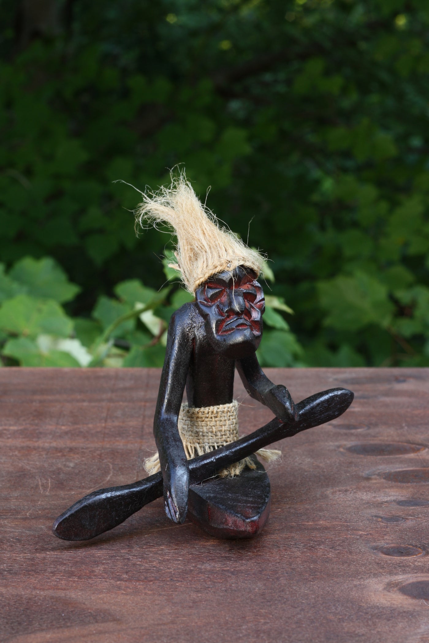 Handmade Wooden Primitive Tribal Kayaking Statue Canoe Funny Sculpture Tiki Bar Handcrafted Unique Gift Decor Accent Figurine Hand Carved - C