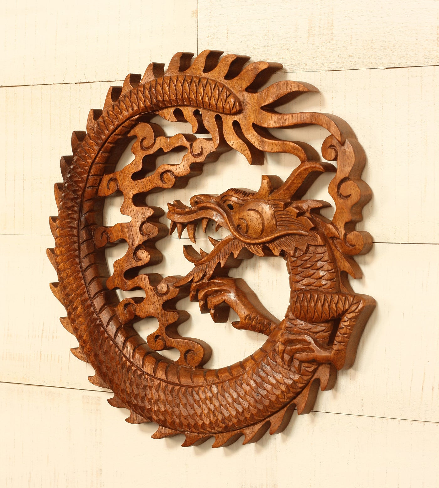 Wooden Round Dragon Wall Hanging Hand Carved Relief Plaque Statue Sculpture Handcrafted Gift Art Home Decor Figurine Accent Decoration Handmade