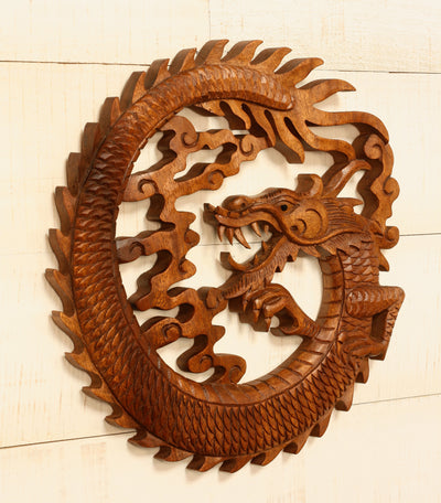 Wooden Round Dragon Wall Hanging Hand Carved Relief Plaque Statue Sculpture Handcrafted Gift Art Home Decor Figurine Accent Decoration Handmade