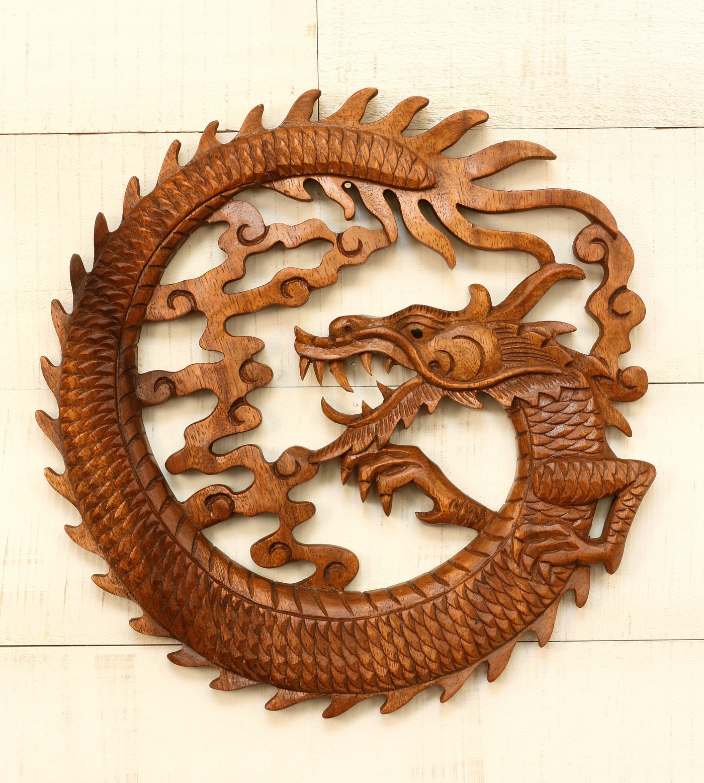 Wooden Round Dragon Wall Hanging Hand Carved Relief Plaque Statue Sculpture Handcrafted Gift Art Home Decor Figurine Accent Decoration Handmade