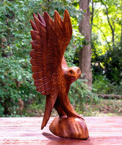 Large 16" Hand Carved Flying Wooden Eagle Statue Figurine Handmade Sculpture Art Decorative Home Decor Accent Handcrafted Decoration Us Soaring Eagle