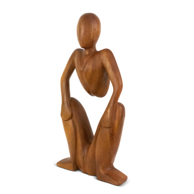 12" Wooden Handmade Abstract Sculpture Statue Handcrafted "Squatting Man" Gift Decorative Home Decor Figurine Artwork Accent Decoration Hand Carved