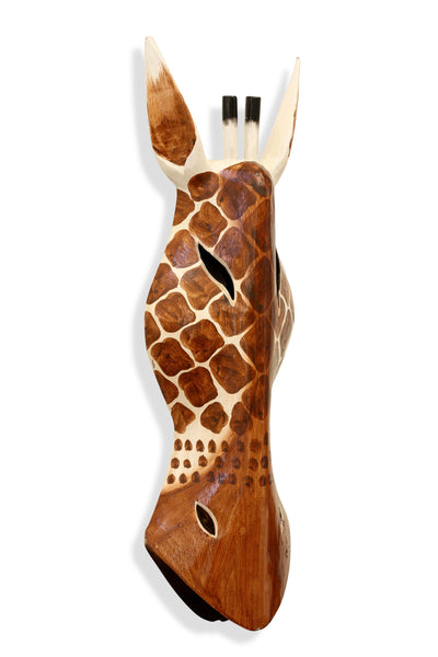 Wooden Tribal Giraffe Mask Brown White Hand Carved Wall Plaque Hanging Home Decor Accent Unique Sculpture Decoration Handmade Handcrafted Decorative