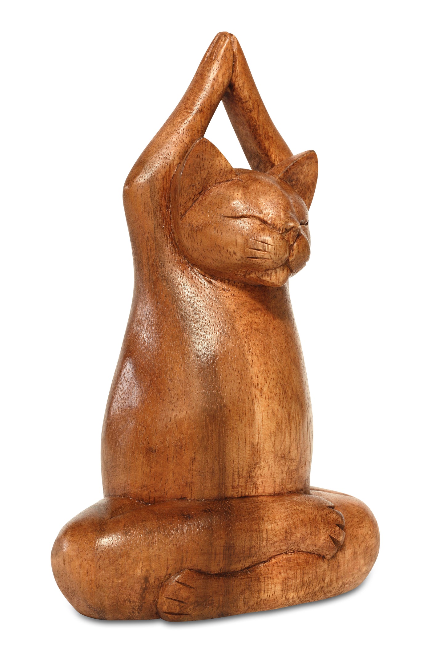 8" Wooden Handmade Hand Carved Yoga Lotus Pose Cat Figurine Sculpture Statue Home Decor