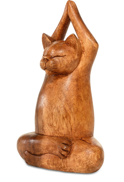 8" Wooden Handmade Hand Carved Yoga Lotus Pose Cat Figurine Sculpture Statue Home Decor