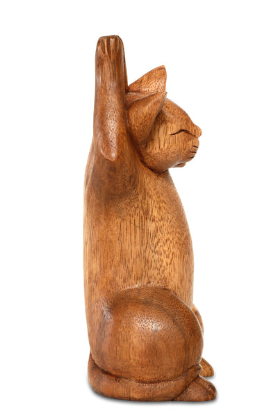 8" Wooden Handmade Hand Carved Yoga Lotus Pose Cat Figurine Sculpture Statue Home Decor