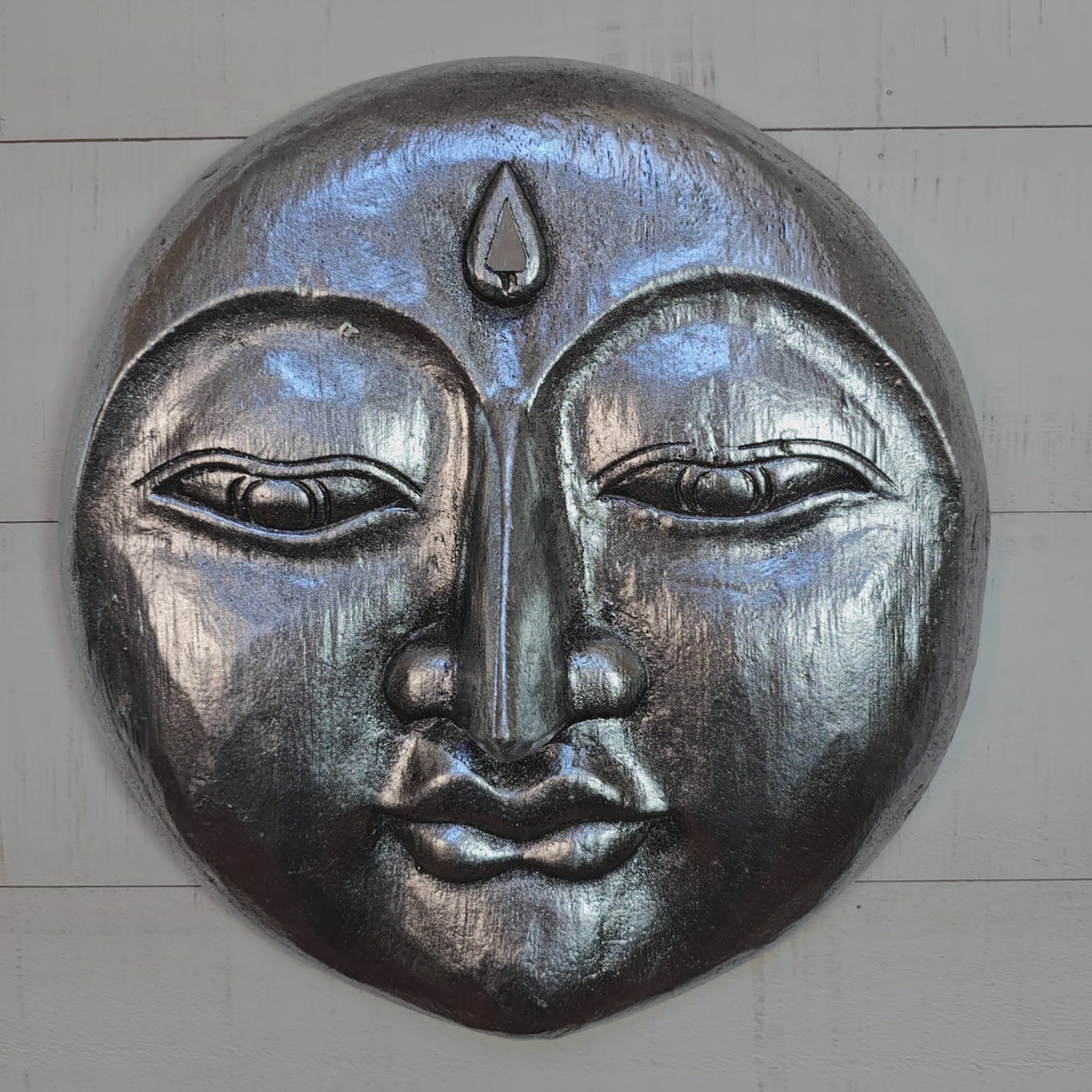 Silver Wooden Moon Face Wall Art – Hand Carved Moon Mask, Celestial Boho Wall Hanging Decor