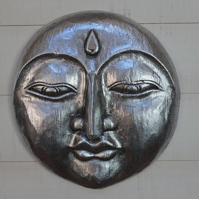 Silver Wooden Moon Face Wall Art – Hand Carved Moon Mask, Celestial Boho Wall Hanging Decor
