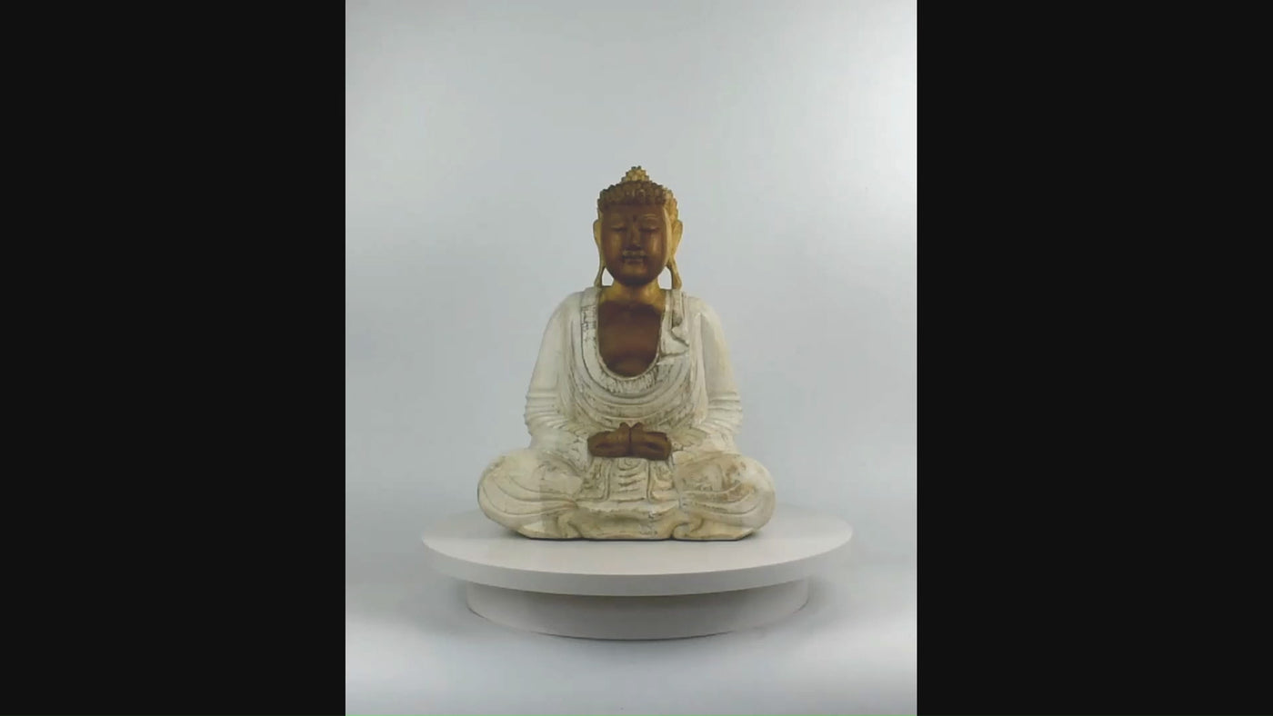 Wood Buddha Statue – Hand Carved Whitewashed Dhyana Mudra Sculpture, Zen Meditation Decor