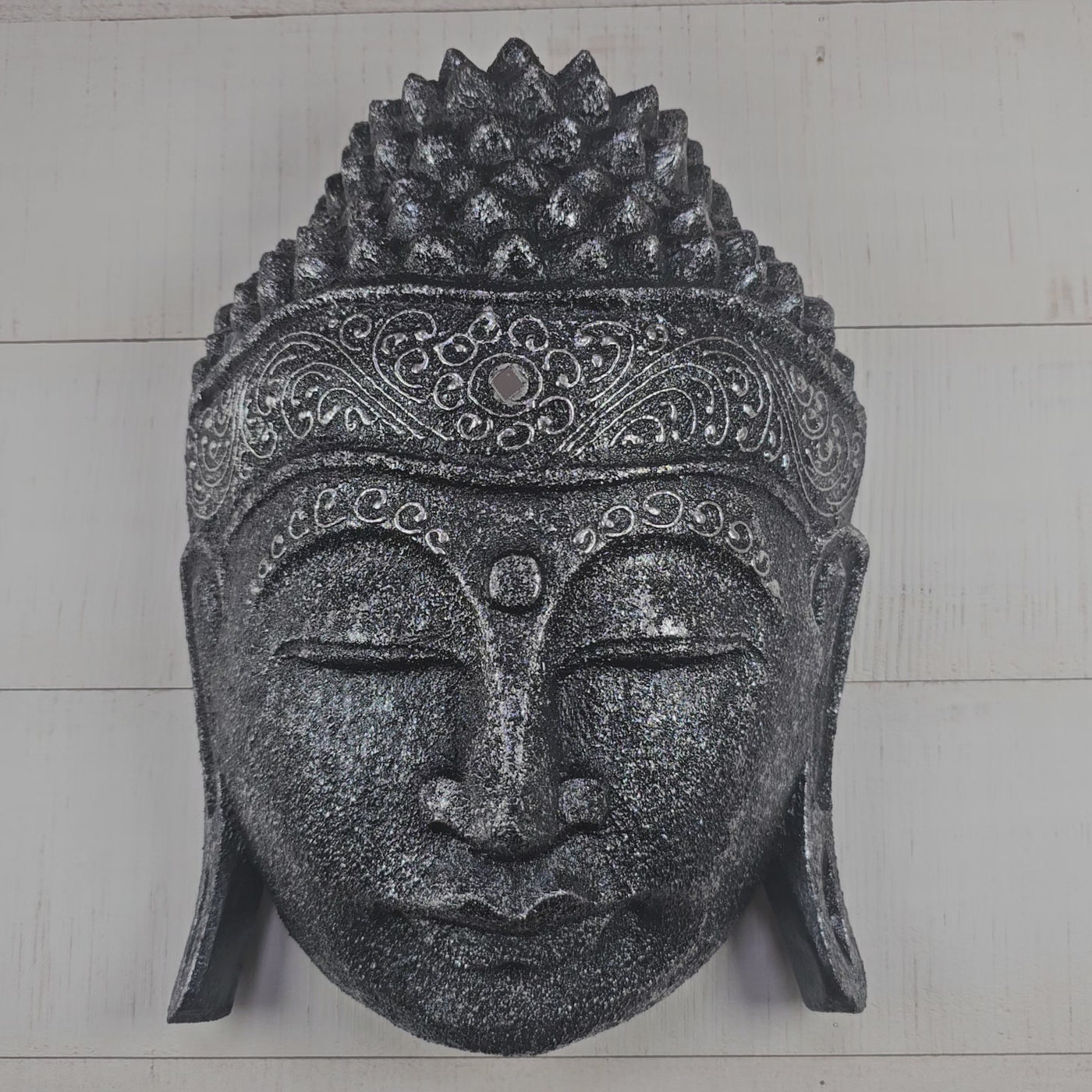 12" Wooden Wall Mask Serene Silver Buddha Head Statue Hand Carved Sculpture Handmade Figurine Gift Home Decor Accent Handcrafted Wall Hanging Decoration