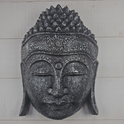 12" Wooden Wall Mask Serene Silver Buddha Head Statue Hand Carved Sculpture Handmade Figurine Gift Home Decor Accent Handcrafted Wall Hanging Decoration
