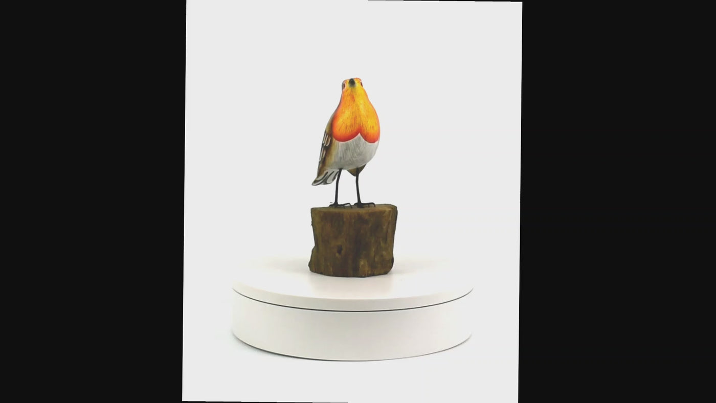 Wood European Robin Figurine – Hand Carved Songbird Sculpture, Rustic Bird Decor on Driftwood Base