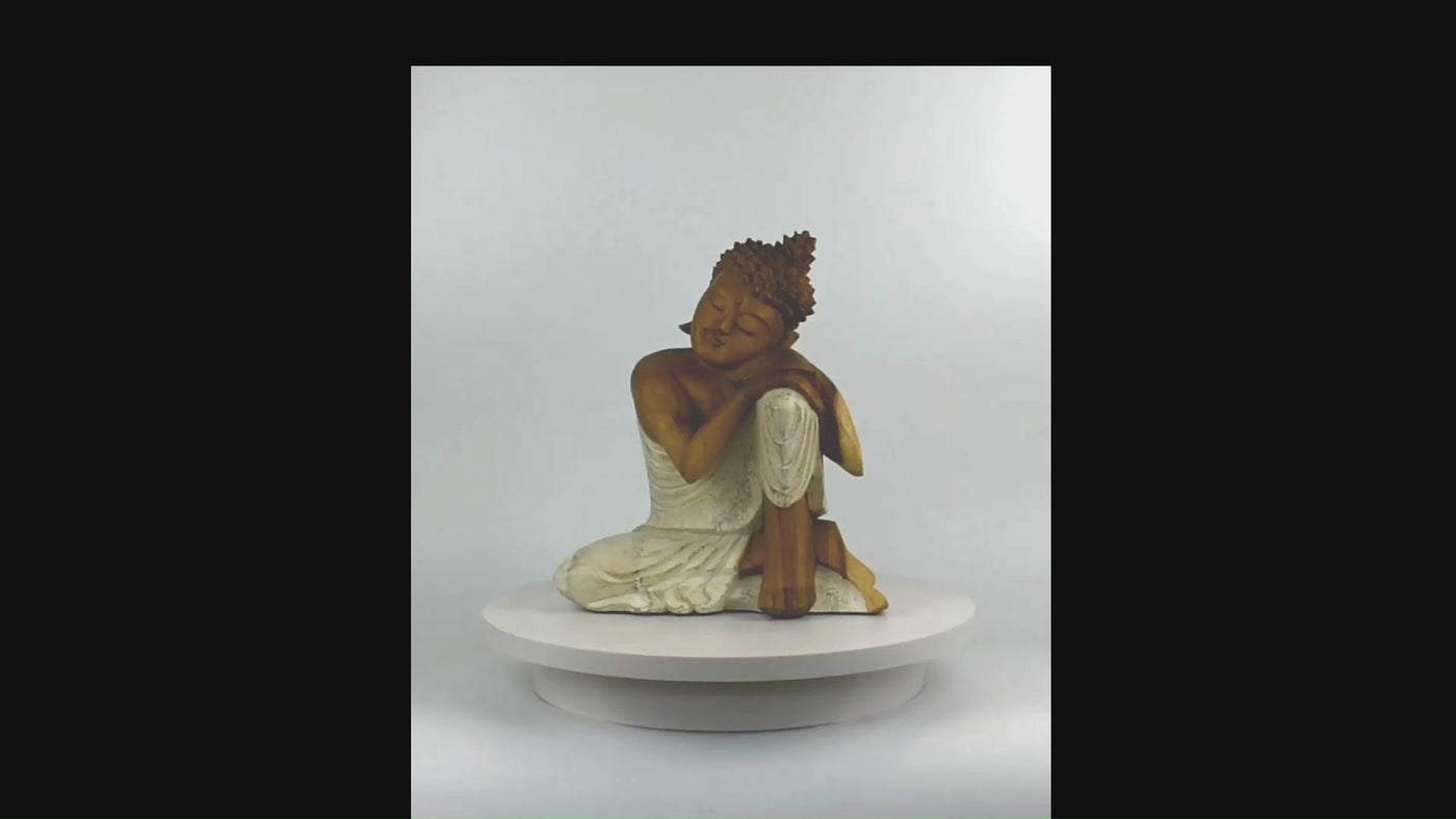 Wood Sleeping Buddha Statue – Hand Carved Whitewashed Sculpture, Peaceful Zen Decor