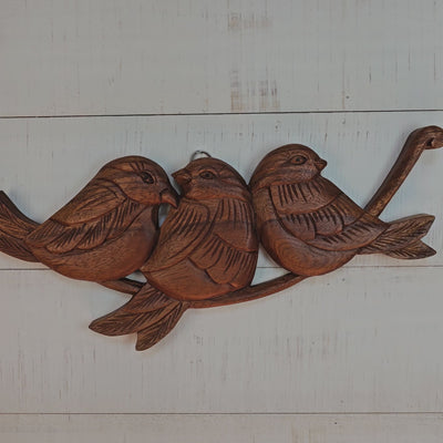 15" Wood Three Birds Wall Panel – Hand Carved Decorative Wall Art, Rustic Nature Home Decor