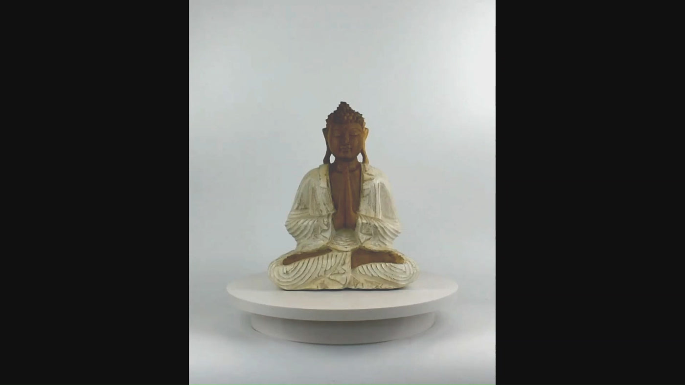 Wood Buddha Statue – Hand Carved Whitewashed Anjali Mudra Sculpture, Namaste Zen Decor