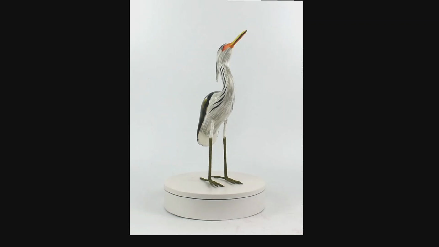 Wood Great Blue Heron Figurine – Hand Carved Coastal Bird Sculpture, Elegant Wading Bird Decor