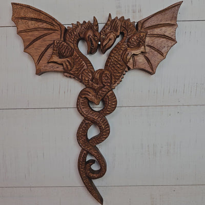 12" Dragon Couple Wooden Wall Art – Hand Carved Twin Dragon Sculpture, Rustic Fantasy Home Decor