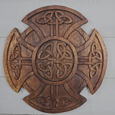 Hand Carved Wooden Celtic Knot Cross Wall Panel – Intricate Irish Decor, Rustic Wall Art