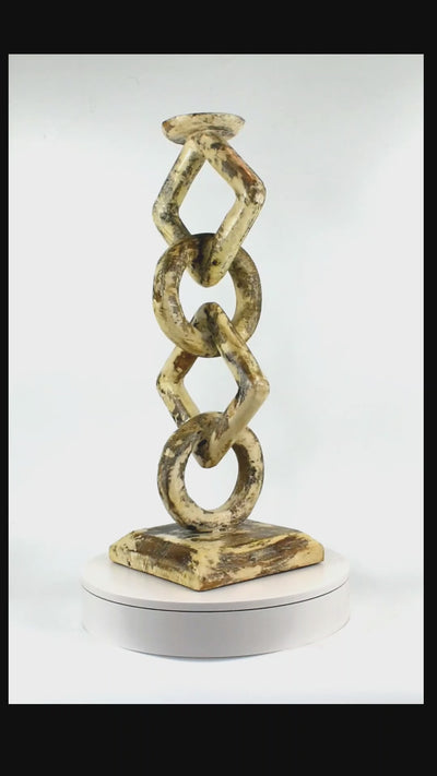 21" Wood Chain Link Candle Holder – Hand Carved Rustic Whitewashed Candle Stand, Decorative Accent