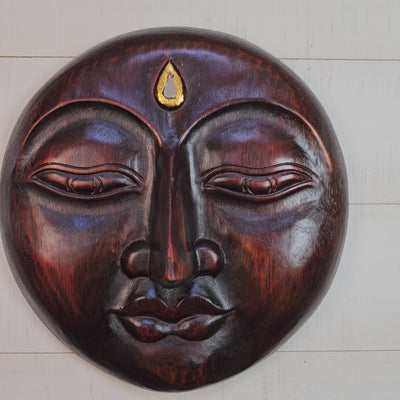 Wooden Moon Face Wall Art – Hand Carved Crescent Moon Mask, Rustic Boho Home Decor Accent