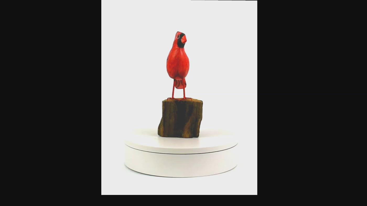 Wood Cardinal Bird Figurine – Hand Carved Red Songbird Sculpture, Rustic Wildlife Decor