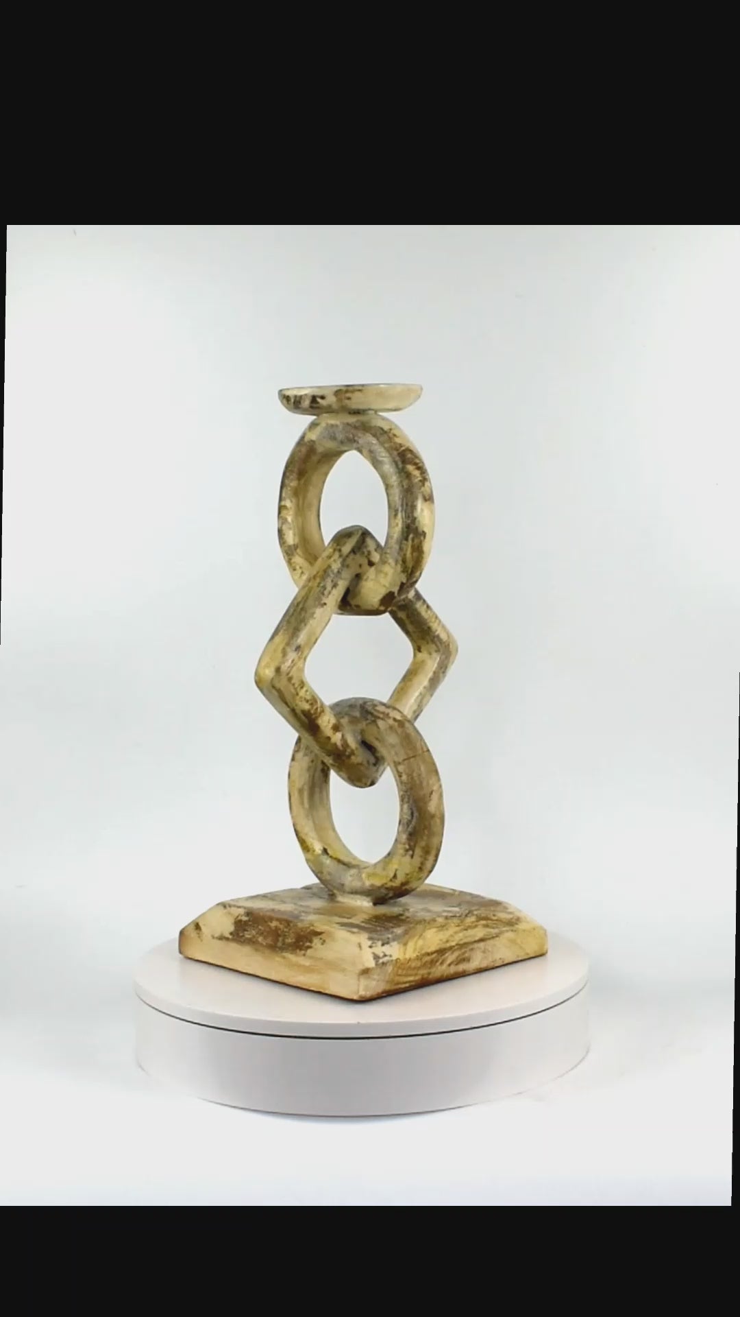 16" Wood Chain Link Candle Holder – Hand Carved Rustic Whitewashed Candle Stand, Decorative Accent