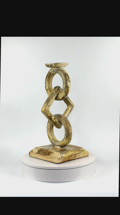 16" Wood Chain Link Candle Holder – Hand Carved Rustic Whitewashed Candle Stand, Decorative Accent